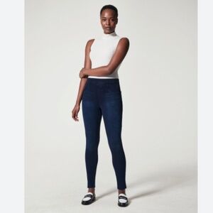 SPANX WOMENS JEAN-ISH ANKLE LEGGINGS DARK BLUE DENIM SKINNY LARGE SHAPEWEAR